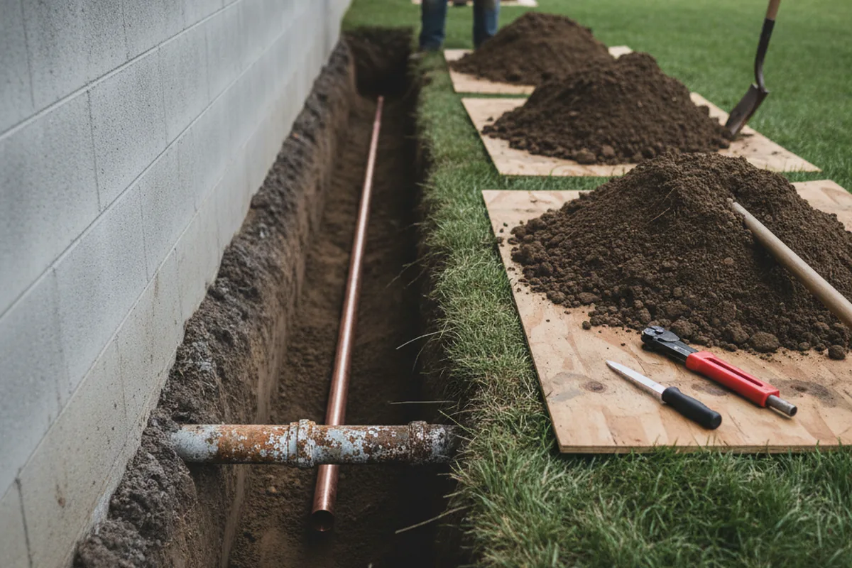 Excavated water line trench during Sewer Line Repair in Port Ewen